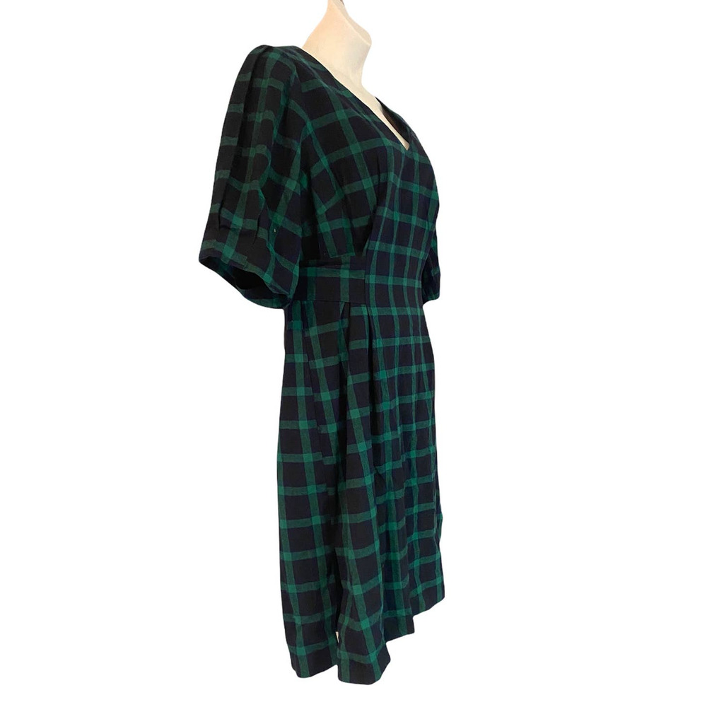 Eloquii Cotton Flannel Green Navy Plaid Tie Back Office Casual Fall Winter Dress - Picture 6 of 16